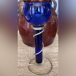 Vintage Cobalt Blue 11” Handblown Glass Floating Spiral Metal Vase Candle Holder
